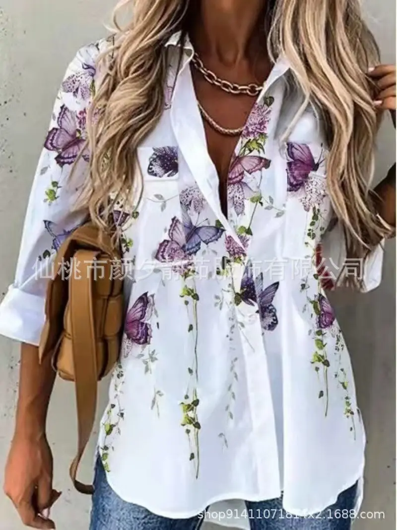 Women 2023 Cotton Printed Long Sleeve Shirt White Blue Floral - Image 9