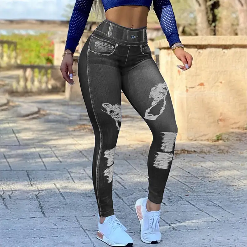 European American High Waist Elastic Denim Leggings Large - Image 3