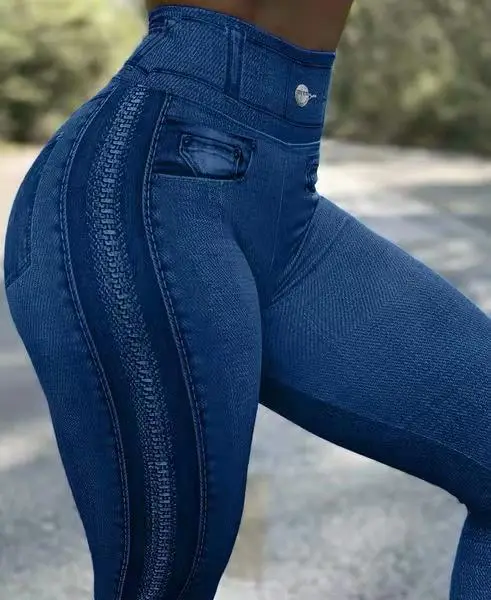 European American High Waist Elastic Denim Leggings Large - Image 4