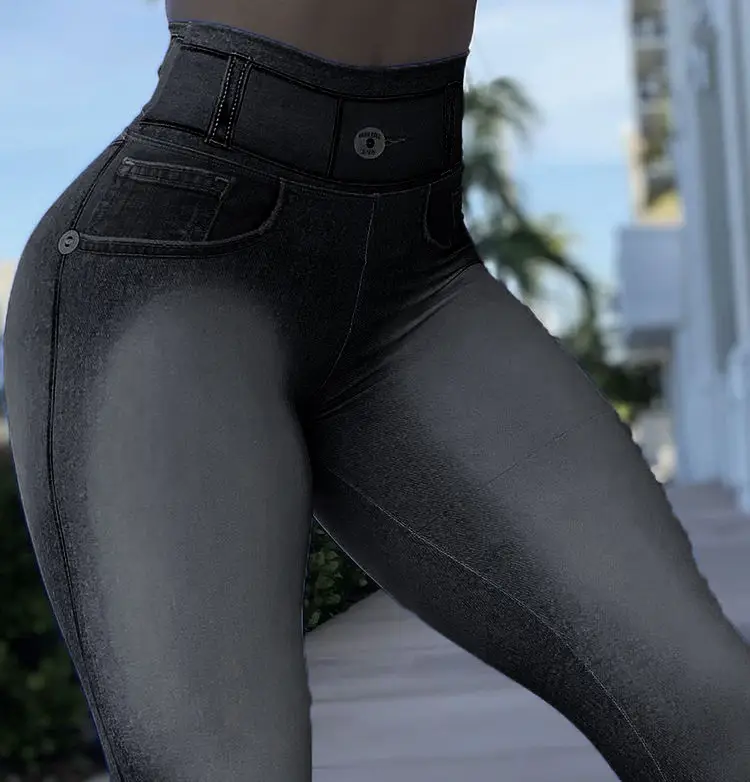 European American High Waist Elastic Denim Leggings Large - Image 5