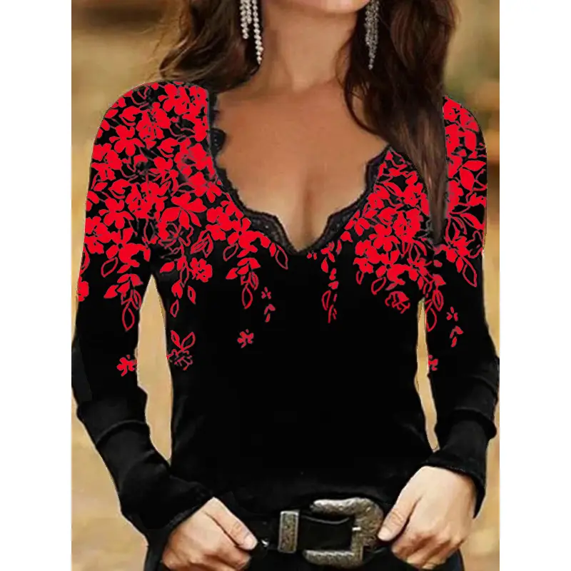 Black Floral Long Sleeve T-Shirt for Women 2023