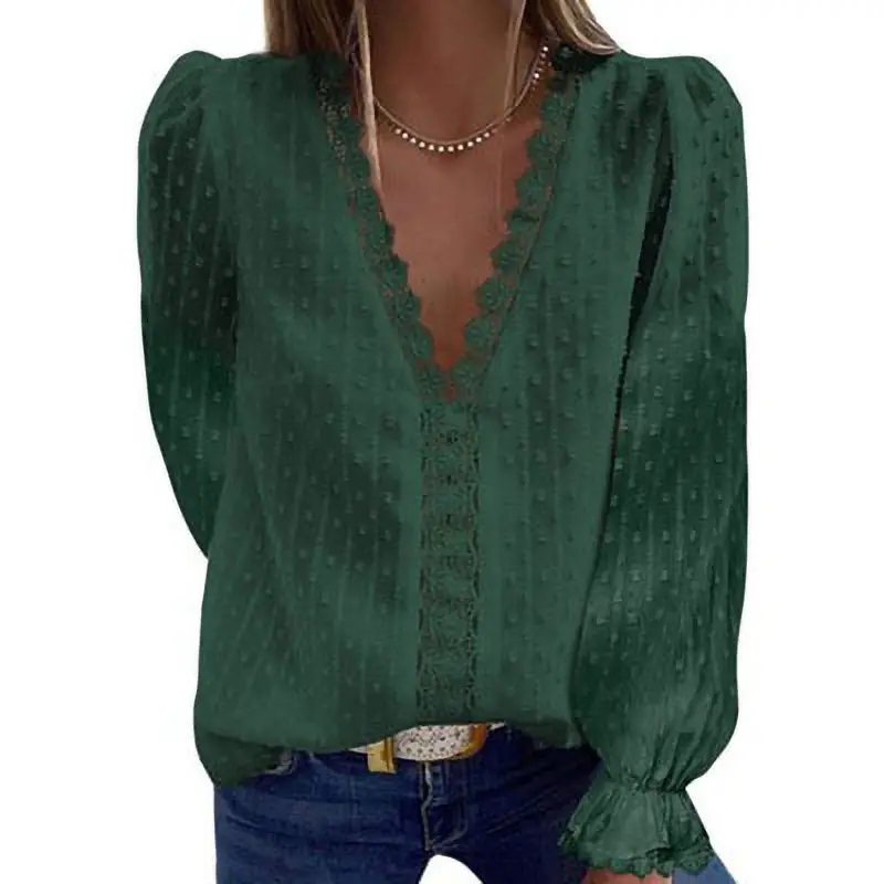 Women Chiffon V-Neck Long Sleeve Top Pink Blue Green Black - Image 3