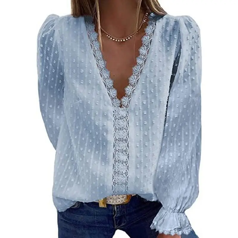 Women Chiffon V-Neck Long Sleeve Top Pink Blue Green Black - Image 5