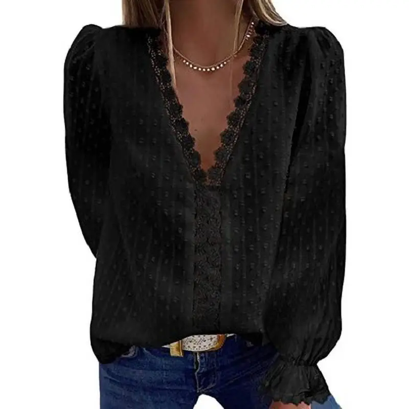 Women Chiffon V-Neck Long Sleeve Top Pink Blue Green Black - Image 4