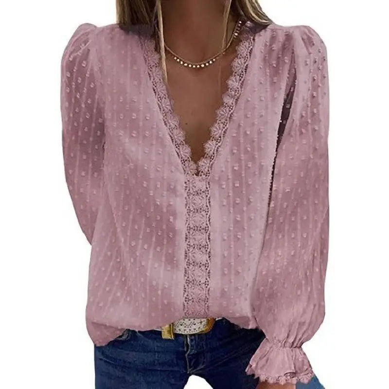 Women Chiffon V-Neck Long Sleeve Top Pink Blue Green Black - Image 2
