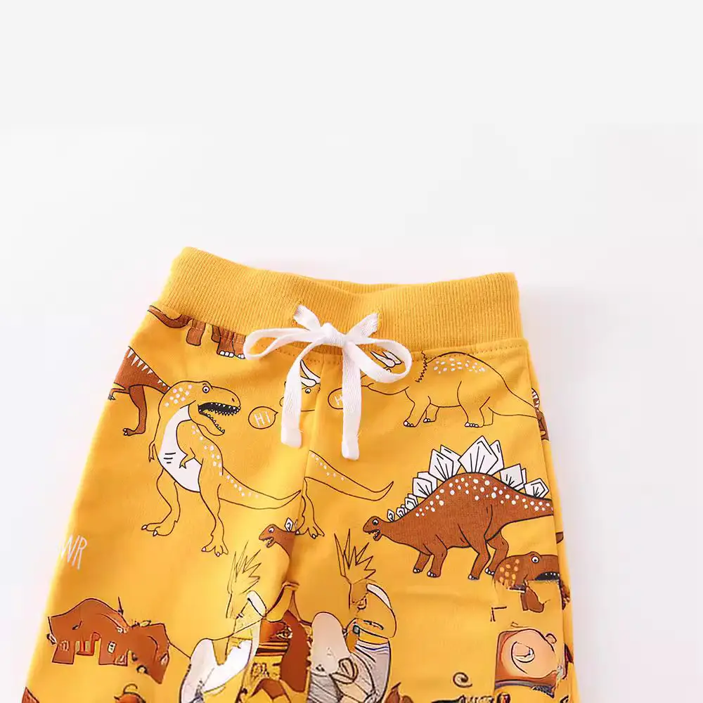 Kids Dino Print Cotton Pants Yellow Boys