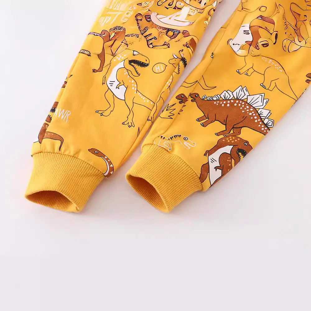 Kids Dino Print Cotton Pants Yellow Boys