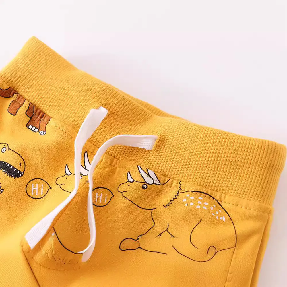 Kids Dino Print Cotton Pants Yellow Boys