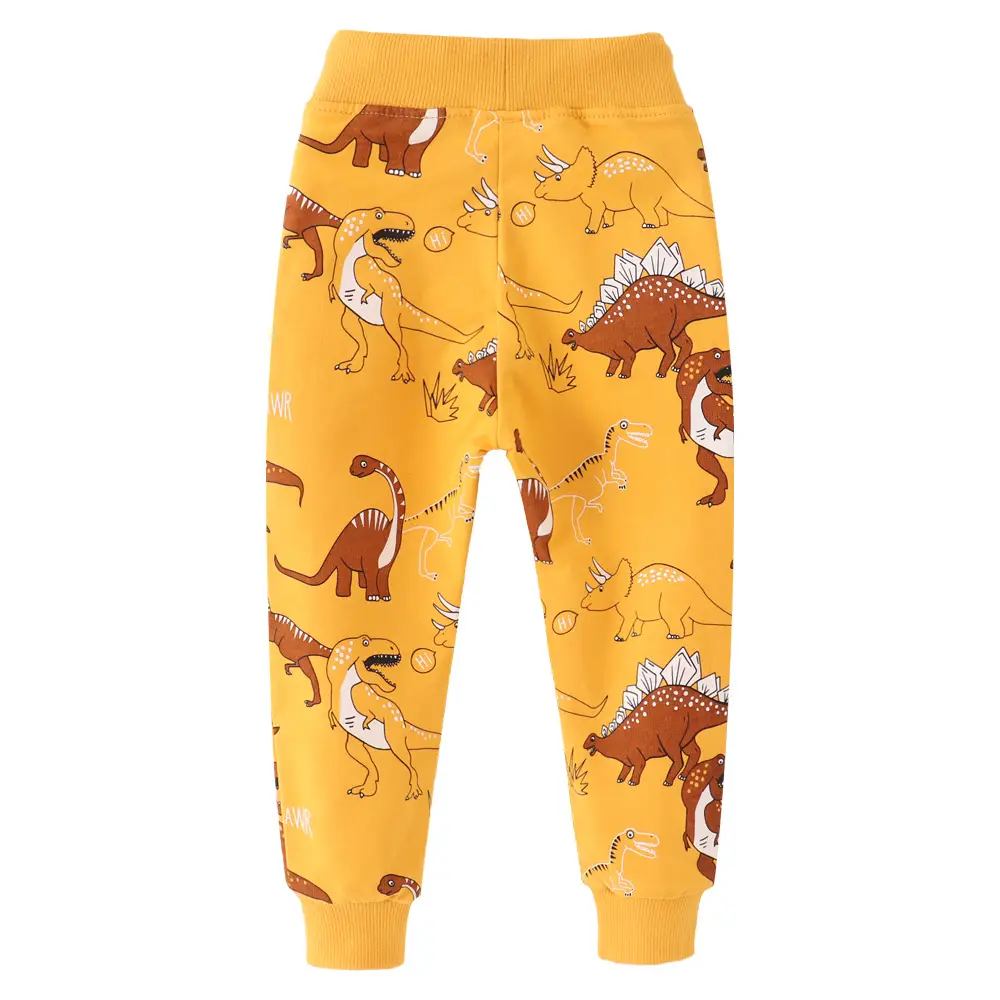 Kids Dino Print Cotton Pants Yellow Boys