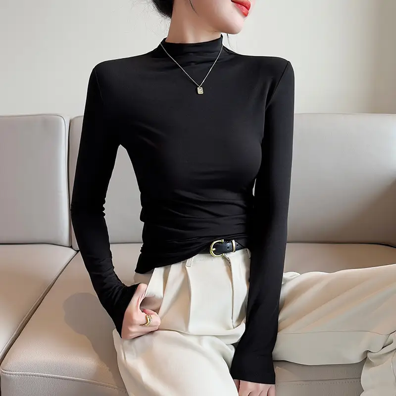 Women's Black Slim Fit Half-Turtleneck Show Shirt with Long Sleeves - Image 8