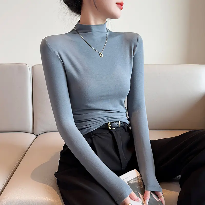Women's Black Slim Fit Half-Turtleneck Show Shirt with Long Sleeves - Image 9