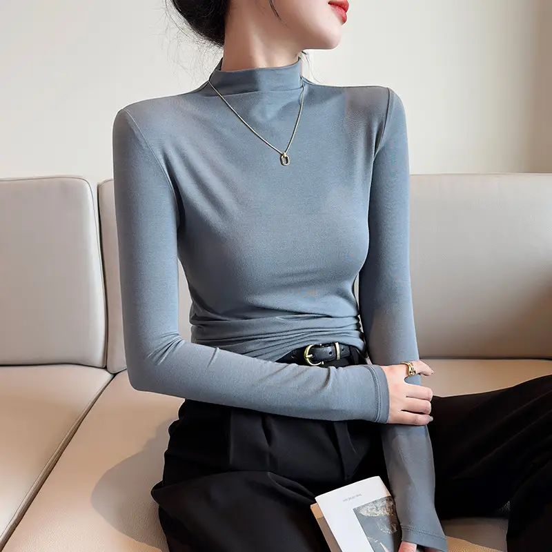 Women's Black Slim Fit Half-Turtleneck Show Shirt with Long Sleeves - Image 10