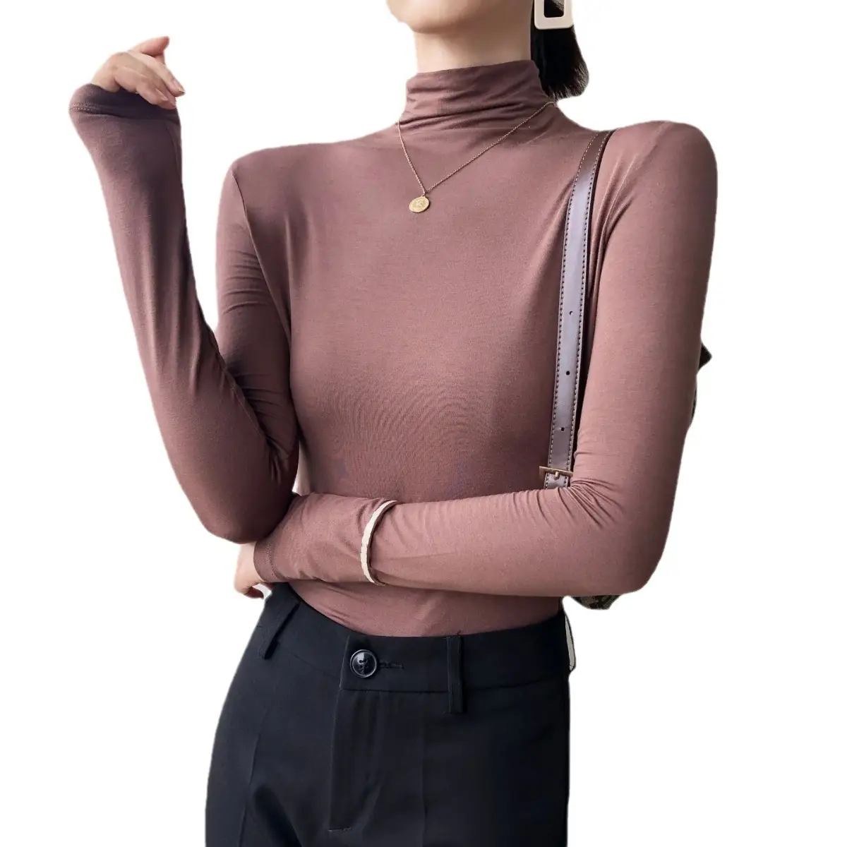 Women's Black Slim Fit Half-Turtleneck Show Shirt with Long Sleeves - Image 11