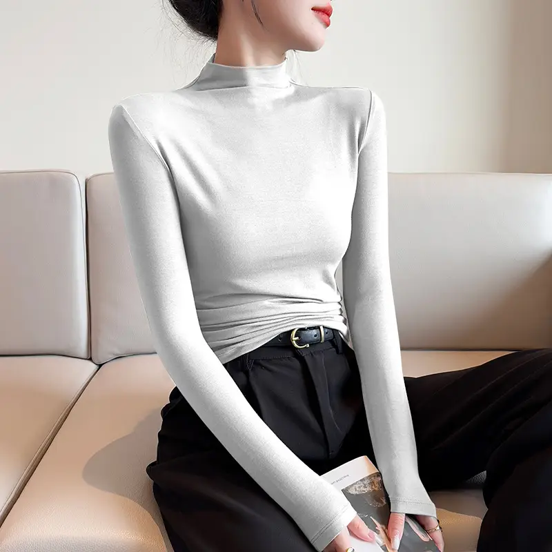 Women's Black Slim Fit Half-Turtleneck Show Shirt with Long Sleeves - Image 2