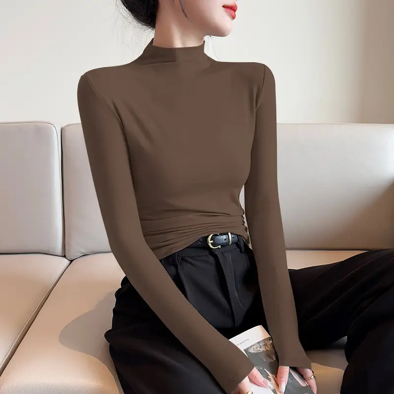 Women's Black Slim Fit Half-Turtleneck Show Shirt with Long Sleeves - Image 3