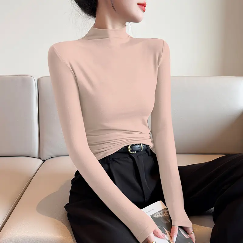 Women's Black Slim Fit Half-Turtleneck Show Shirt with Long Sleeves - Image 5