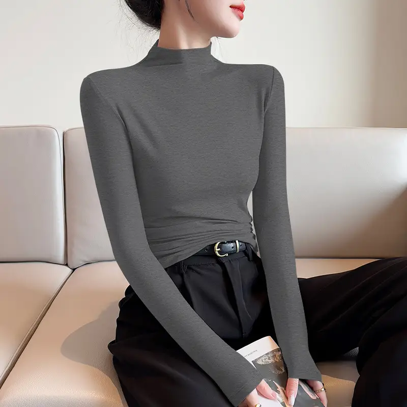 Women's Black Slim Fit Half-Turtleneck Show Shirt with Long Sleeves - Image 6