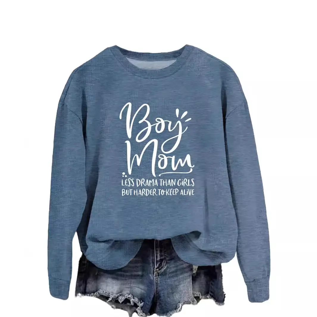 Boy Mom Printed Long Sleeve Sweater Blue