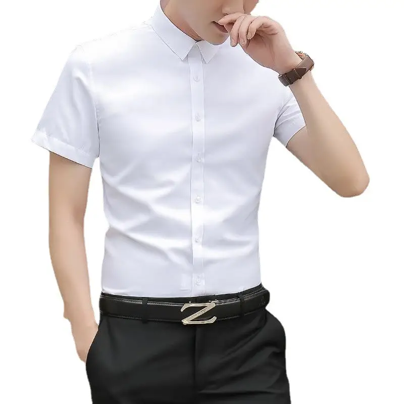 Men White Short Sleeve Business Shirt Slim Fit 2021 - Image 12