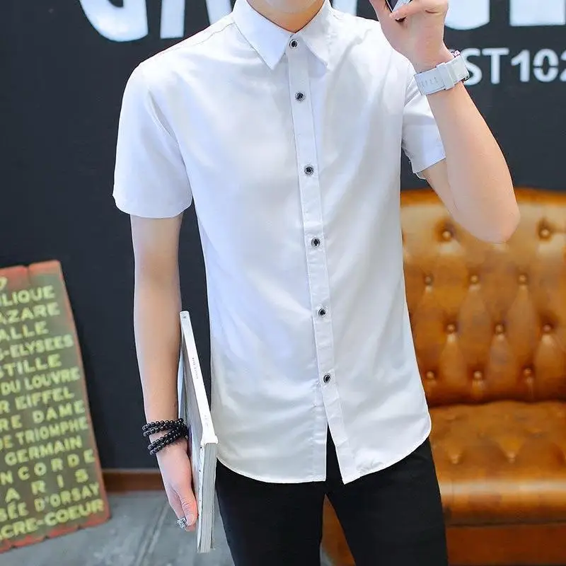 Men White Short Sleeve Business Shirt Slim Fit 2021 — feature 1