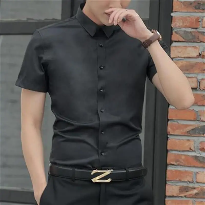Men White Short Sleeve Business Shirt Slim Fit 2021 - Image 5