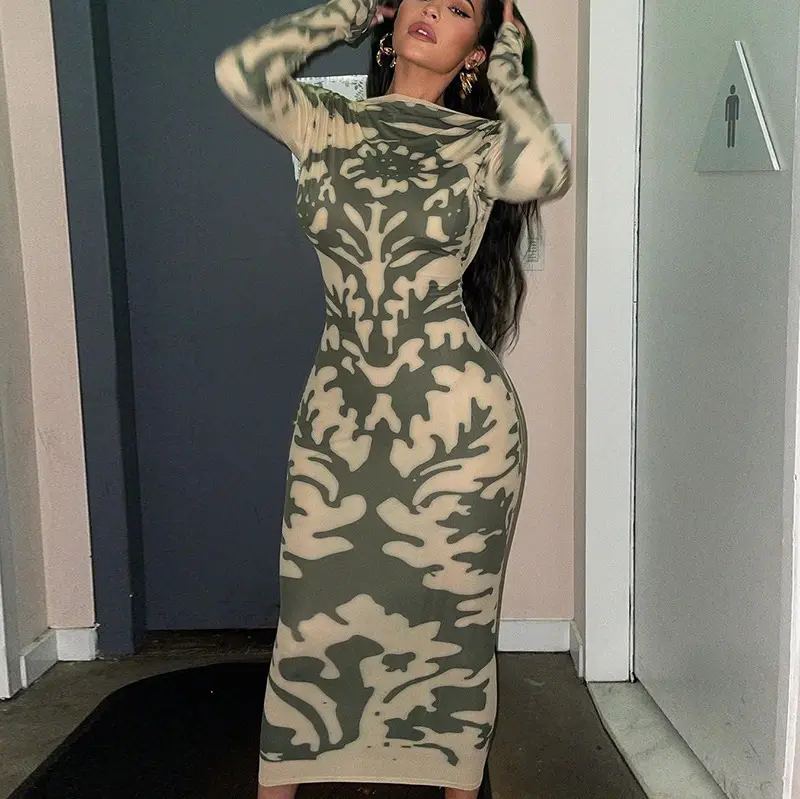 Printed Slim Backless Long Sleeve Dress for Women - Image 3