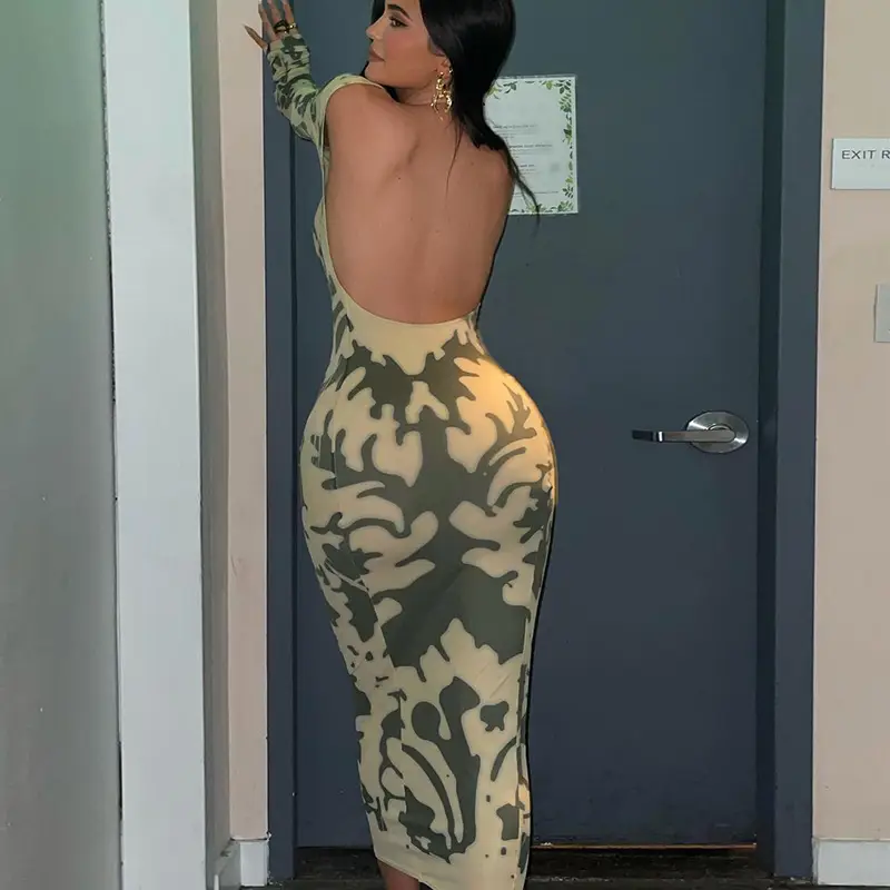Printed Slim Backless Long Sleeve Dress for Women - Image 4