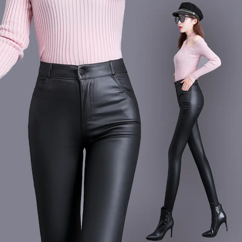 Women's Fleece Lined Matte Leather Skinny Pants High Waist - Image 3