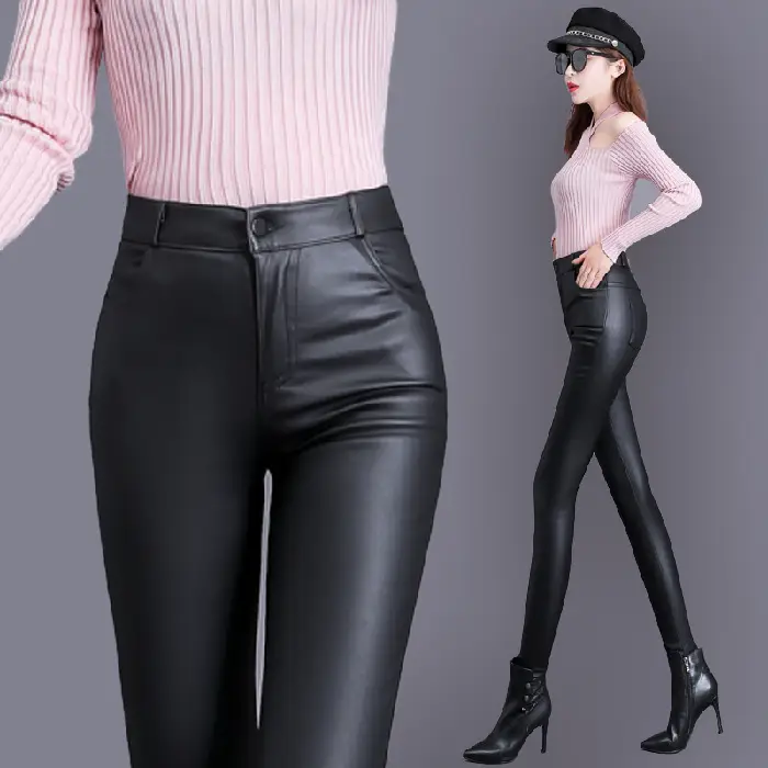 Women's Fleece Lined Matte Leather Skinny Pants High Waist - Image 2