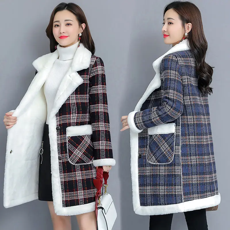 2025 Women Velvet Mid-Length Outfit White Plaid