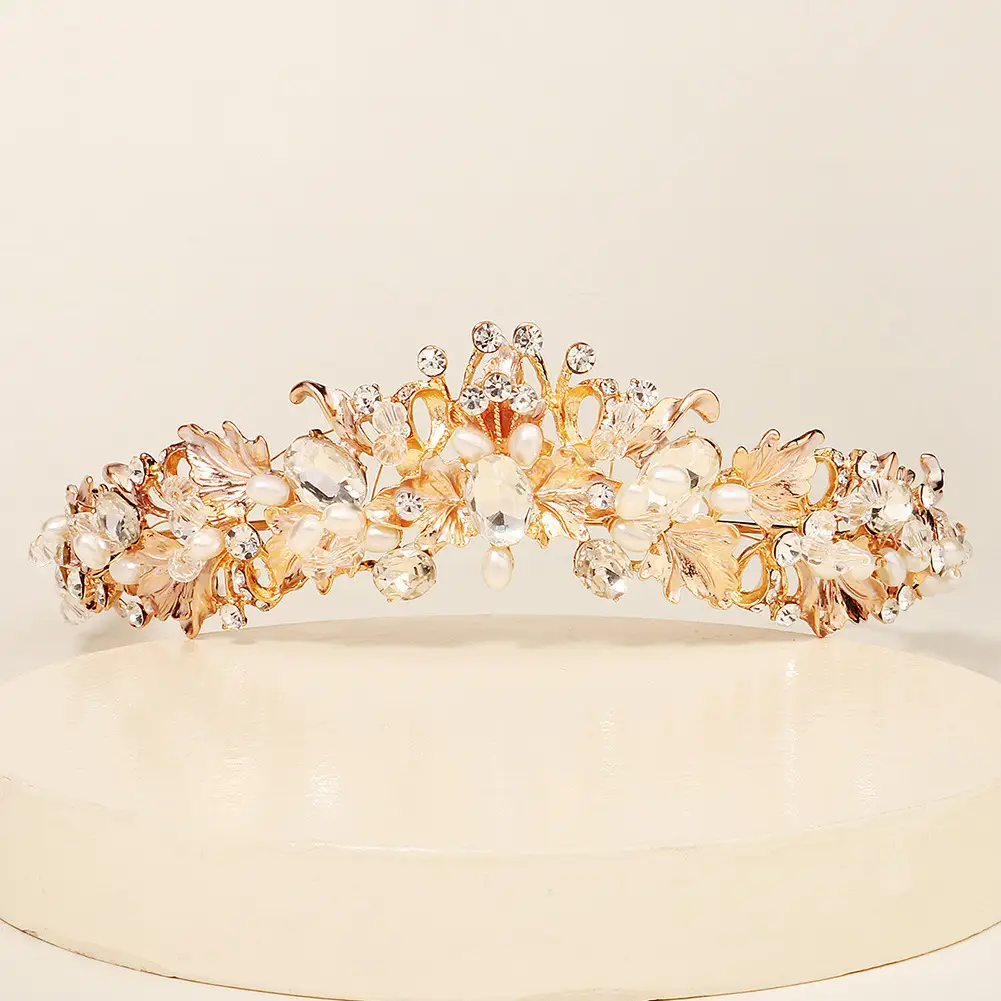 Cross-Border Bridal Jewelry Pearl Headband Crown Fairy Wedding Dinner Headdress Forest Style Diamond Crystal Flower Crown - Image 5