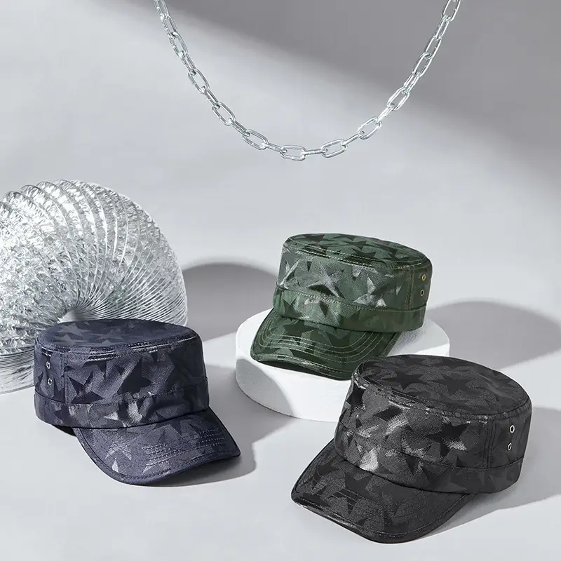 Men's Camo Flat Cap Sun Hat Black - Image 5