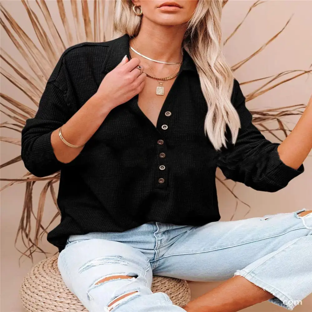 Black Long-Sleeve Button Front T-Shirt for Women - Image 10