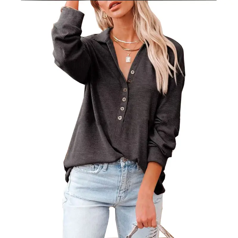 Black Long-Sleeve Button Front T-Shirt for Women - Image 13