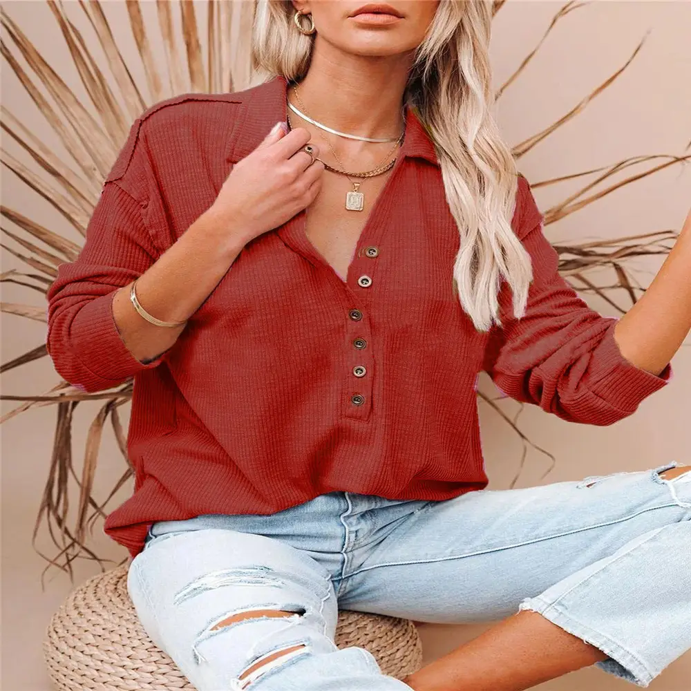 Black Long-Sleeve Button Front T-Shirt for Women - Image 2