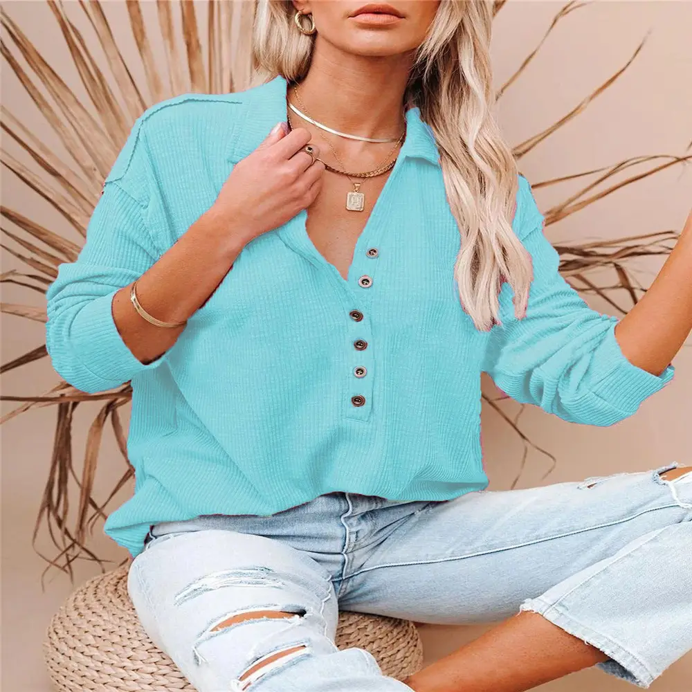 Black Long-Sleeve Button Front T-Shirt for Women - Image 8