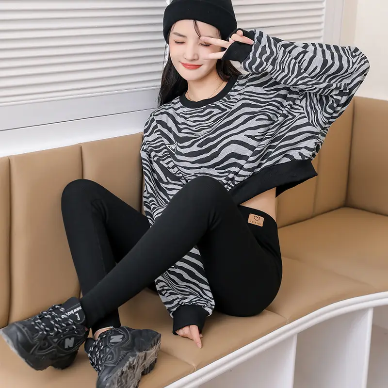 Women Zebra Print Leggings Warm Cotton Outerwear Set - Image 11