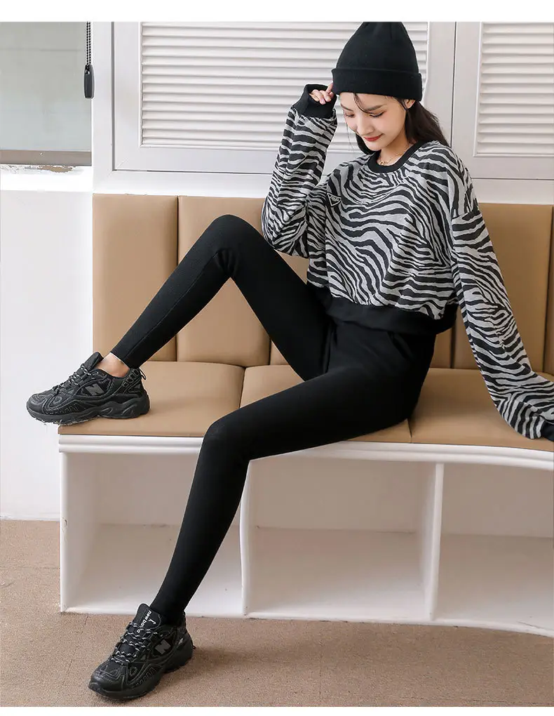 Women Zebra Print Leggings Warm Cotton Outerwear Set — feature 11