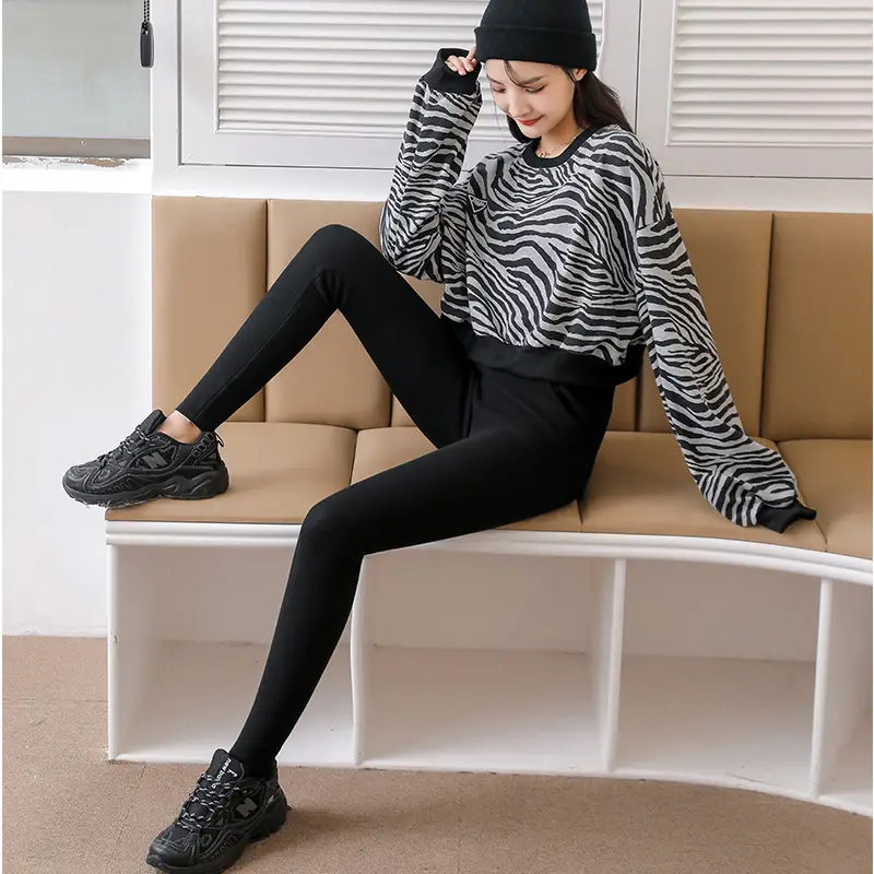 Women Zebra Print Leggings Warm Cotton Outerwear Set - Image 4