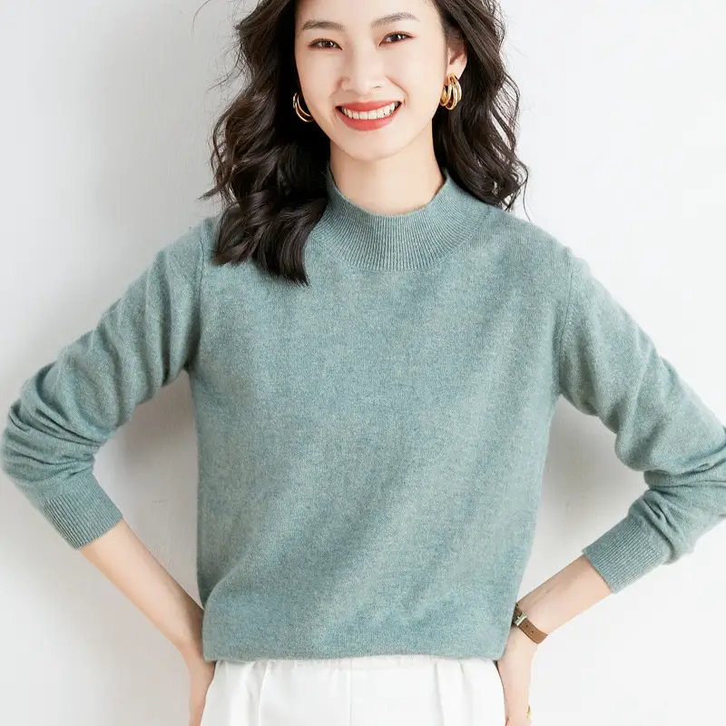Women's Blue Knitted Wool Half Turtleneck Sweater - Image 15