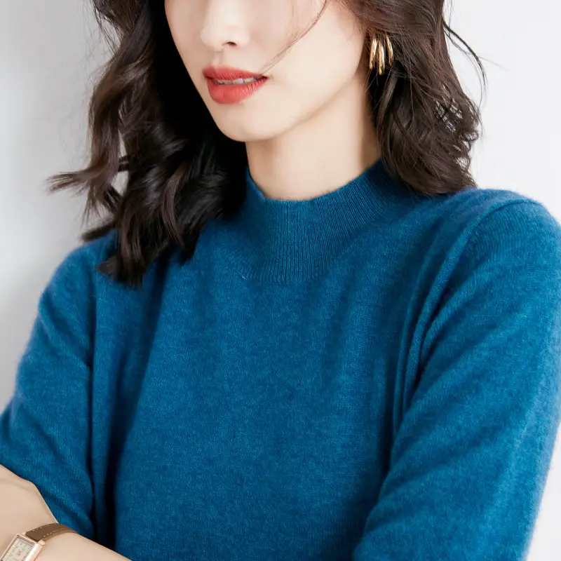 Women's Blue Knitted Wool Half Turtleneck Sweater - Image 16
