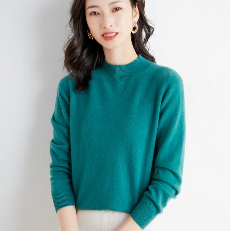 Women's Blue Knitted Wool Half Turtleneck Sweater - Image 17