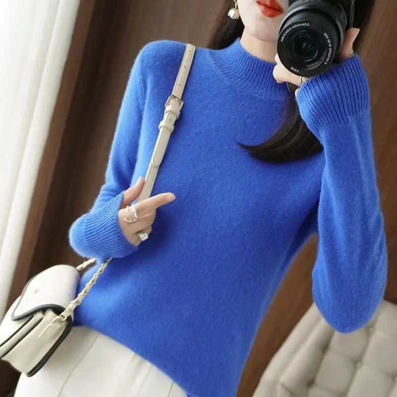 Women's Blue Knitted Wool Half Turtleneck Sweater - Image 12