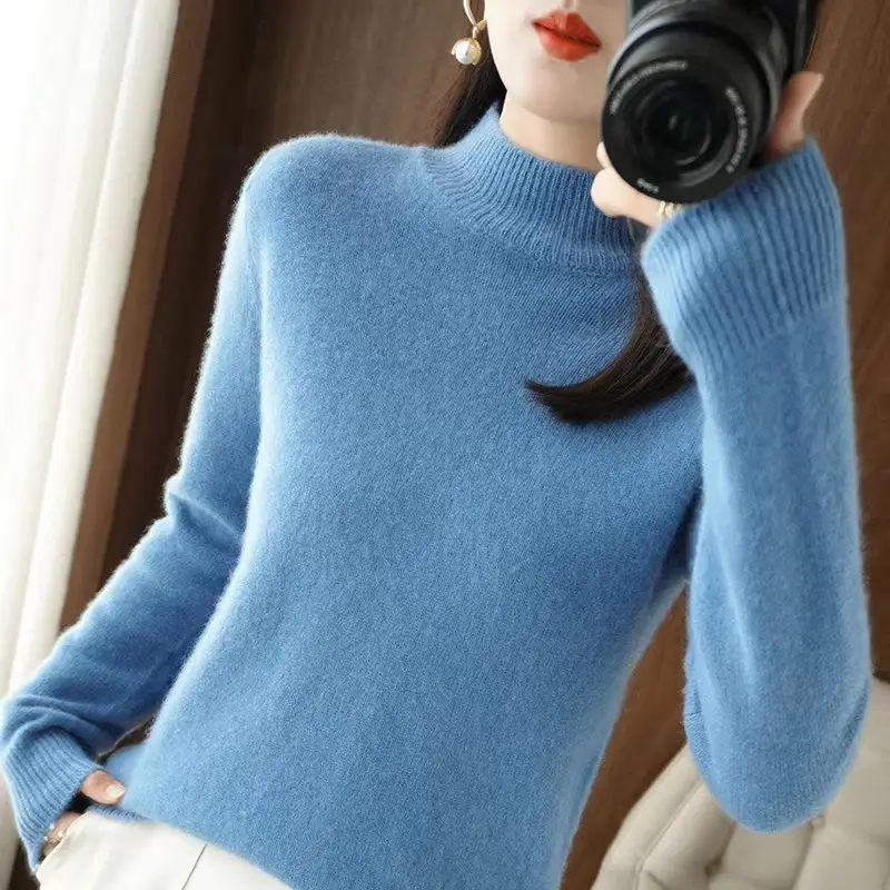 Women's Blue Knitted Wool Half Turtleneck Sweater - Image 13