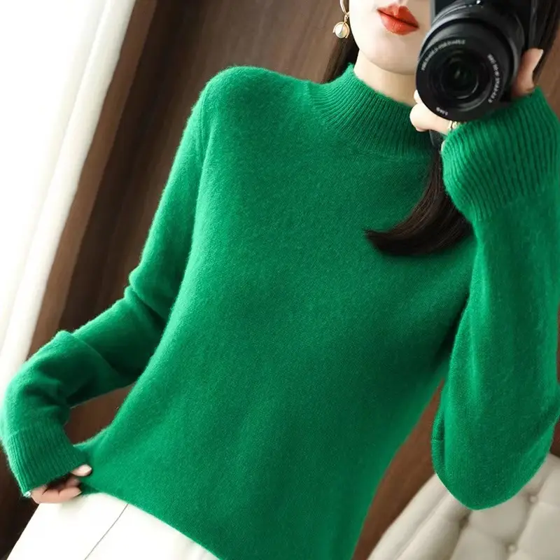 Women's Blue Knitted Wool Half Turtleneck Sweater - Image 5