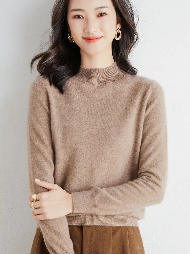Women's Blue Knitted Wool Half Turtleneck Sweater - Image 8