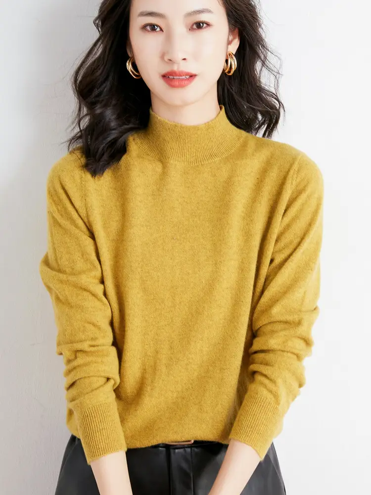 Women's Blue Knitted Wool Half Turtleneck Sweater - Image 9
