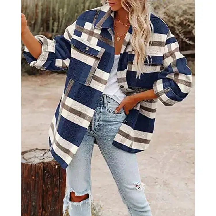 2021 Women's Plaid Woolen Jacket Long Sleeve Loose Fit - Image 6