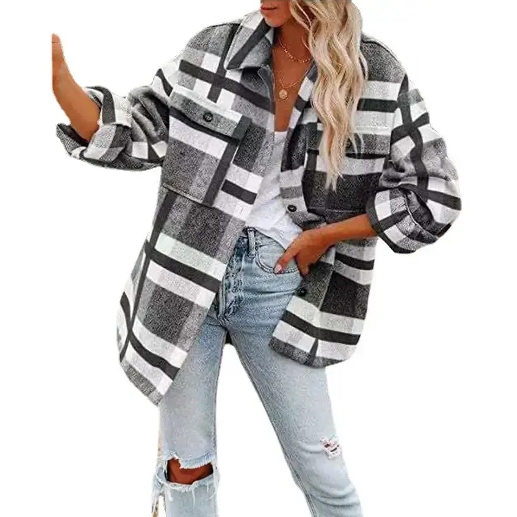 2021 Women's Plaid Woolen Jacket Long Sleeve Loose Fit - Image 10