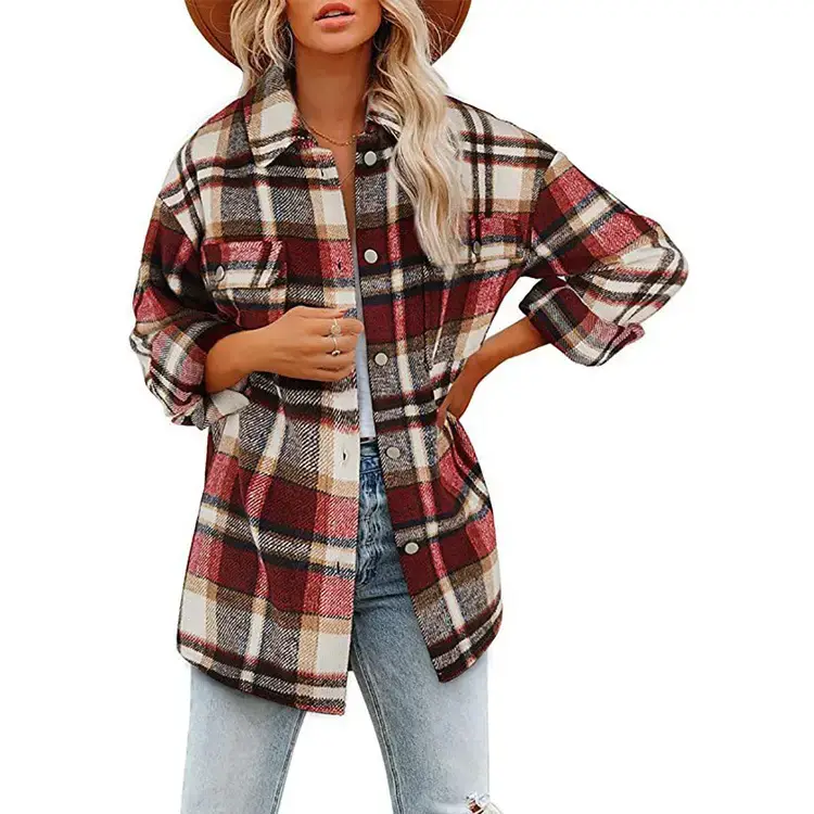 2021 Women's Plaid Woolen Jacket Long Sleeve Loose Fit - Image 2